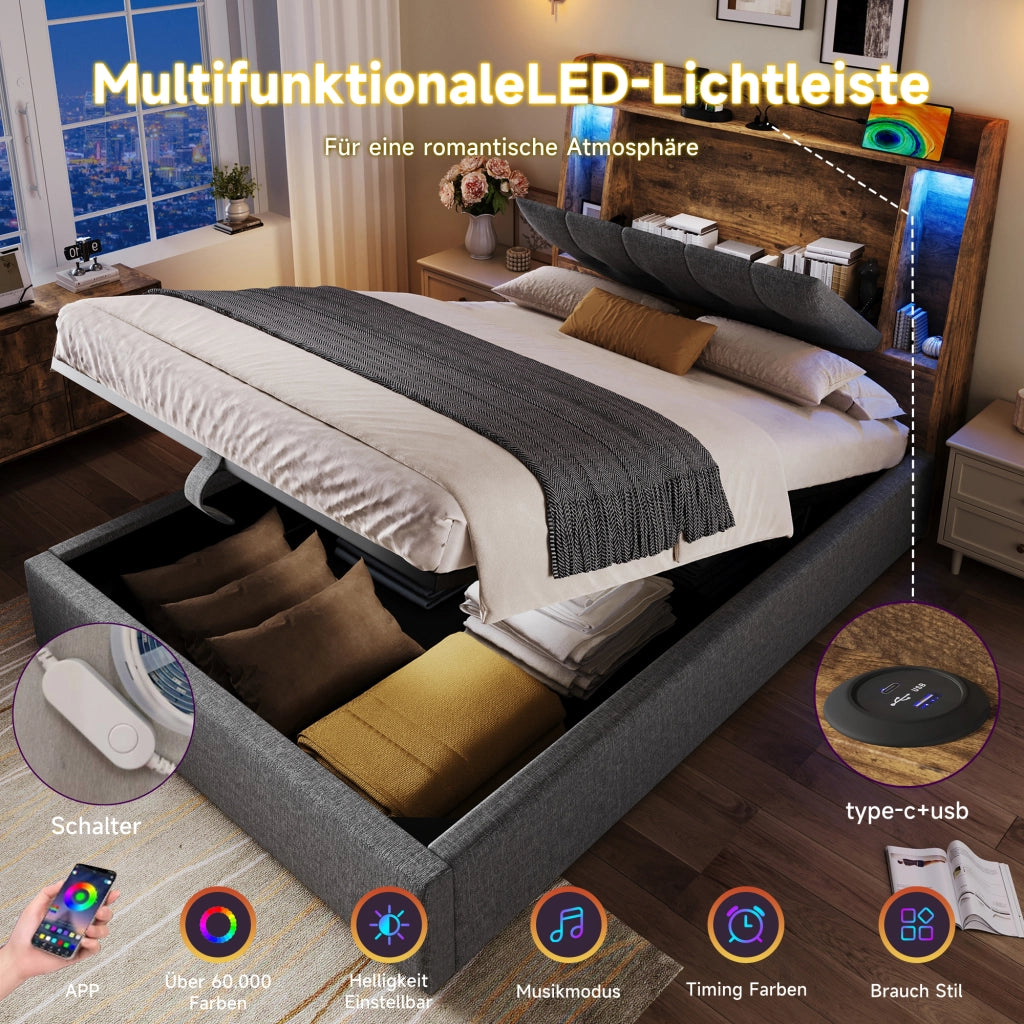 LETTO Imbottito 90x200 cm Grigio in lino e MDF con USB Type-C, LED e vani