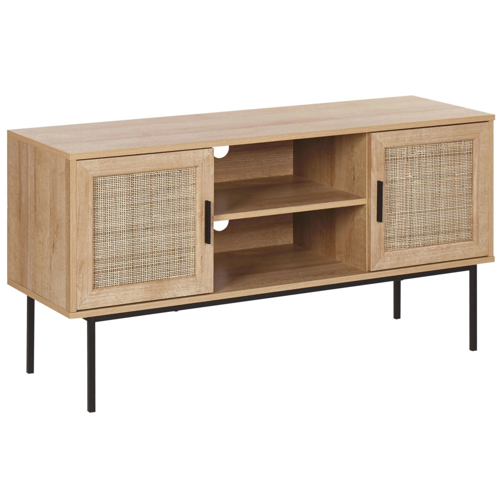 Mobile TV a 2 Ante in Rattan e Gambe in Metallo 120 x 63 cm Legno Chiaro