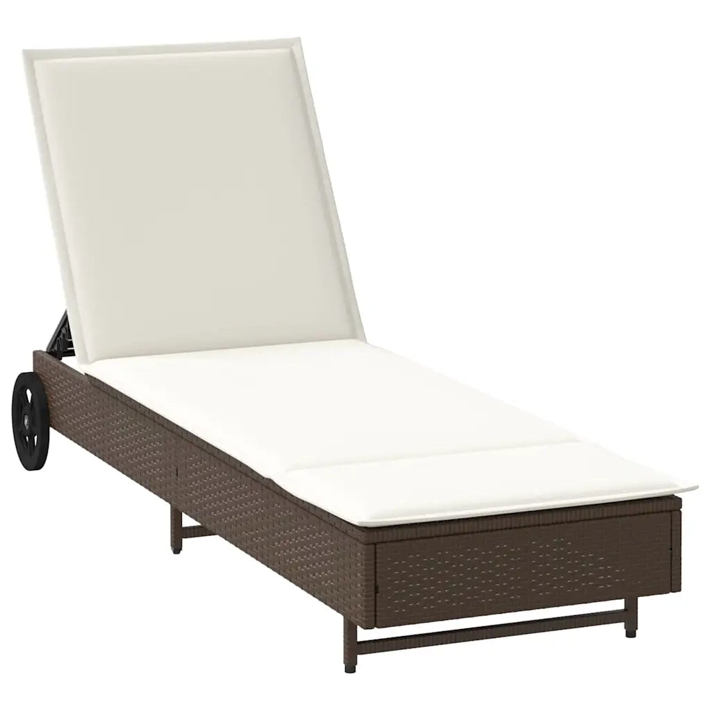 Lettino Prendisole con Ruote e Cuscino in Polyrattan Marrone 4104034