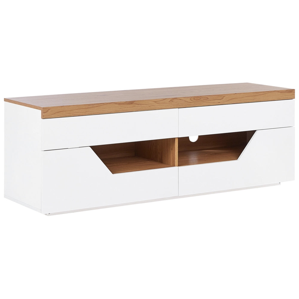 Mobiletto da TV marrone e bianco con 4 cassetti 2 ripiani e foro per cavi 140 x 40 cm