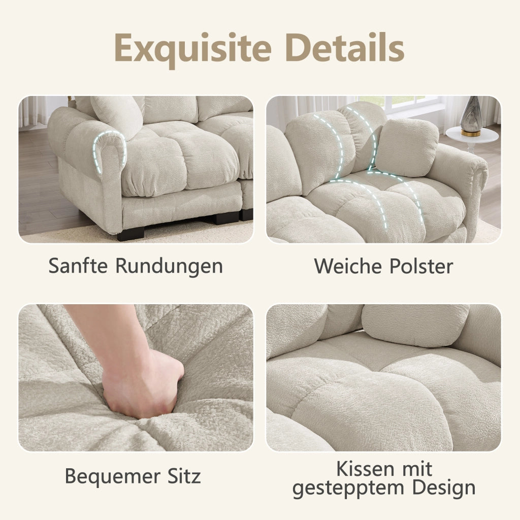 Divano angolare 3 posti modulare con pouf mobile e cuscino, in Ciniglia, Beige chiaro