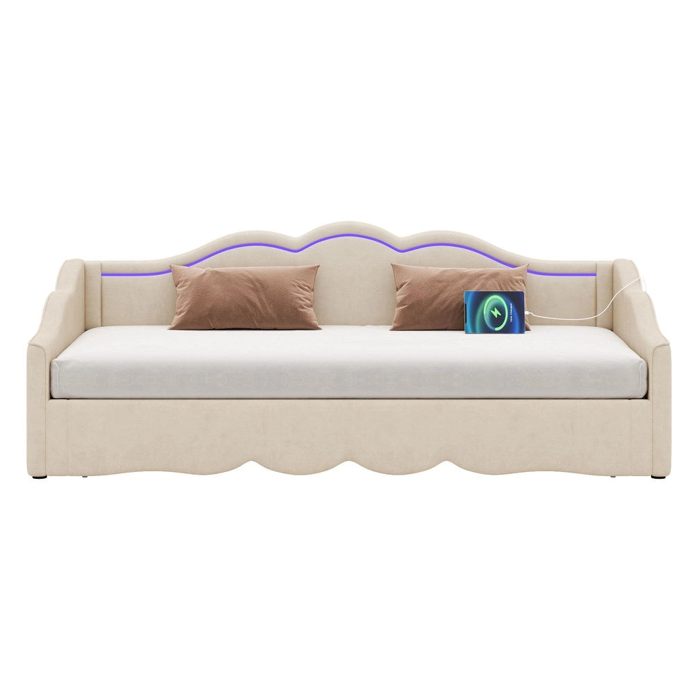 Letto a giorno - Zephmum-90x200 cm, estendibile a 180 cm, LED, USB, velluto beige