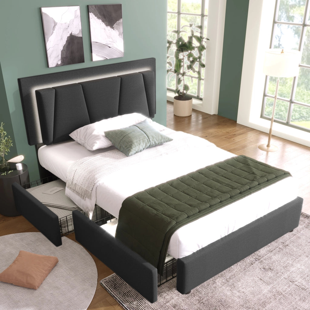 LETTO singolo 90x200 cm grigio con testiera regolabile, LED e 2 cassetti