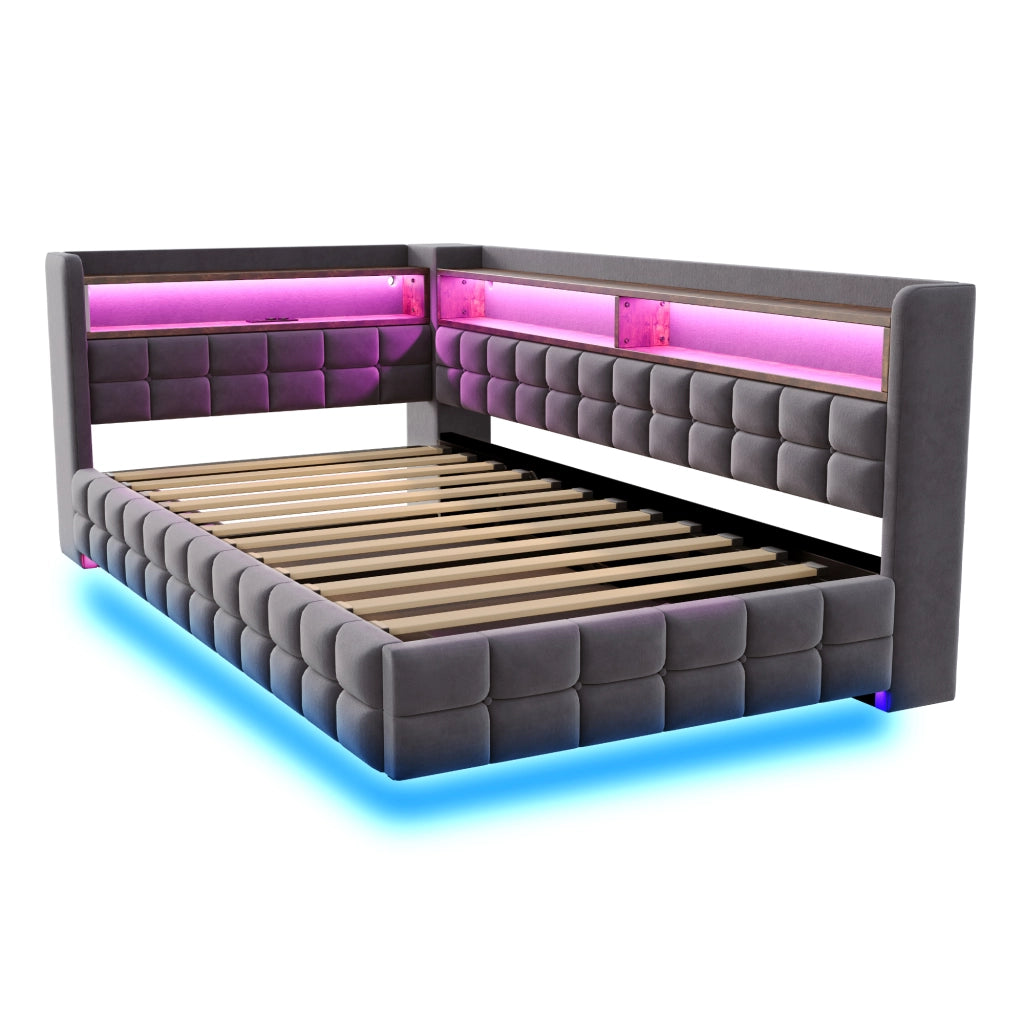 DIVANO LETTO 90x200 cm in velluto grigio con LED, prese USB e vano contenitore