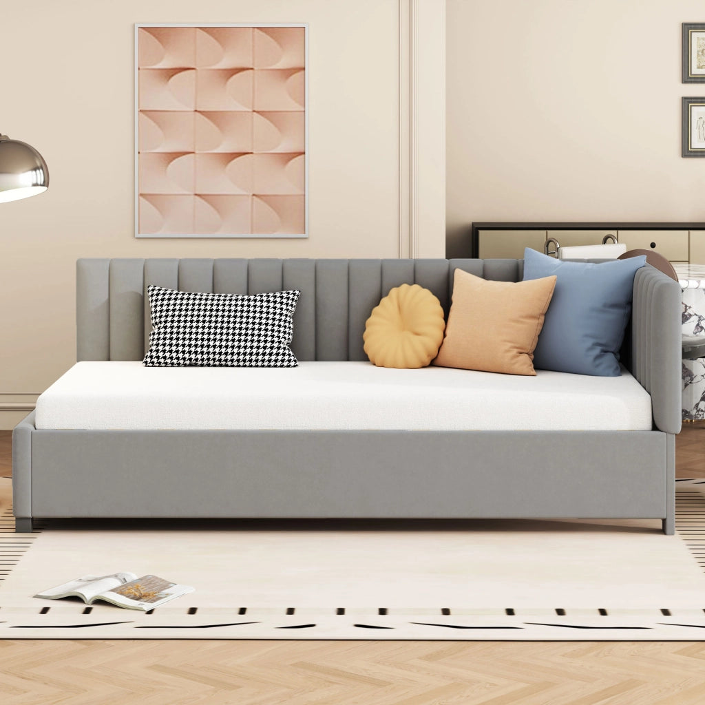 LETTO imbottito 90x200 cm in velluto grigio con rete a doghe