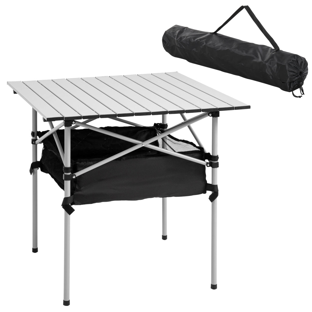 Tavolo da campeggio pieghevole con rete portaoggetti e borsa trasporto ¨C Xylo ¨C 70x70x69 cm argento