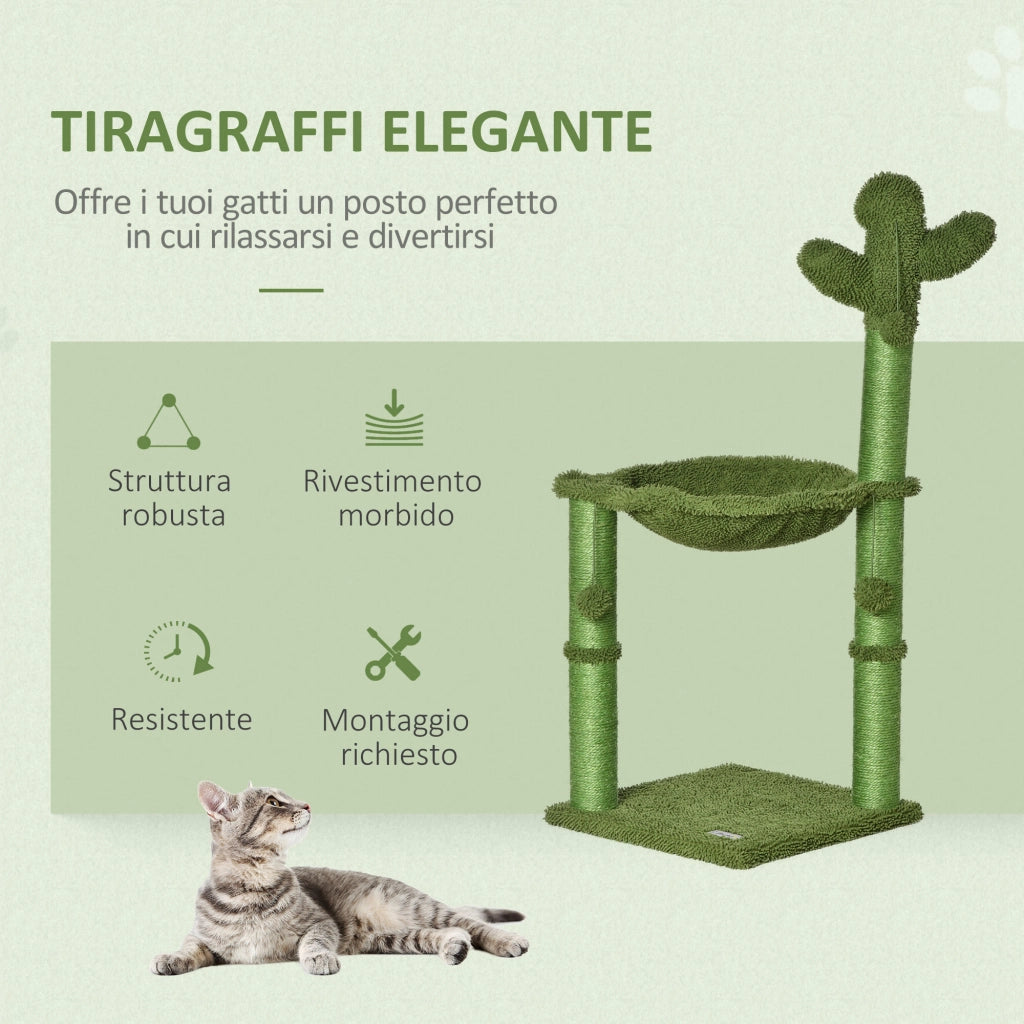 Tiragraffi per Gatti a Forma di Cactus con Amaca ¨C Minimal ¨C Verde 40x40x96cm