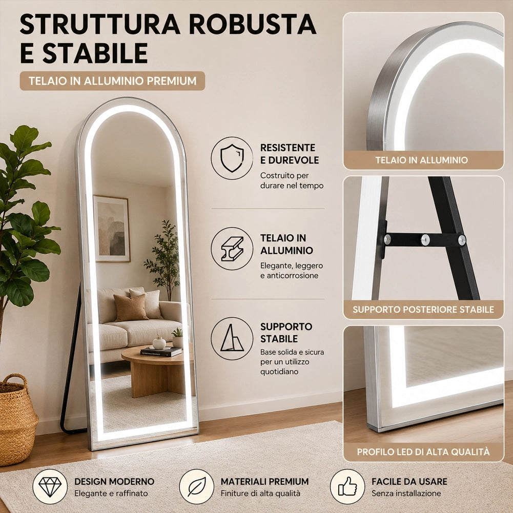 Specchio ad Arco Figura Intera Alluminio e Led a 3 Colori Dimmerabile 160x50cm