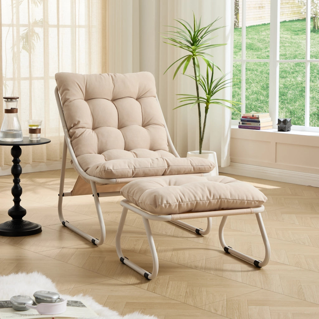 Sedia da patio esterna con pouf poltrona reclinabile comoda con cuscino e gambe perfetta per soggiorno camera da letto sala lettura telaio beige con cuscino beige