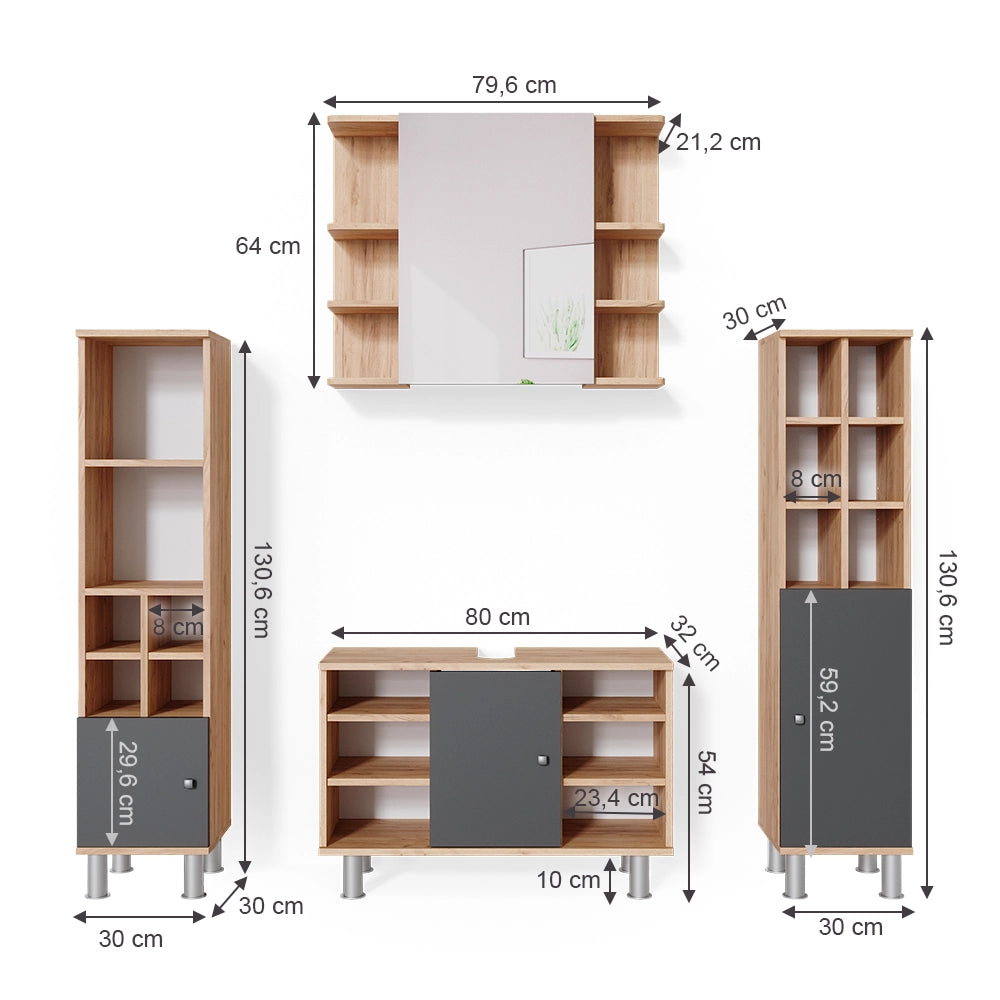 Vicco Set mobili bagno Quercia dorata 4 parti