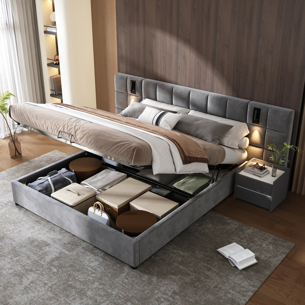LETTO Contenitore 160x200 cm in velluto grigio con lampada e USB