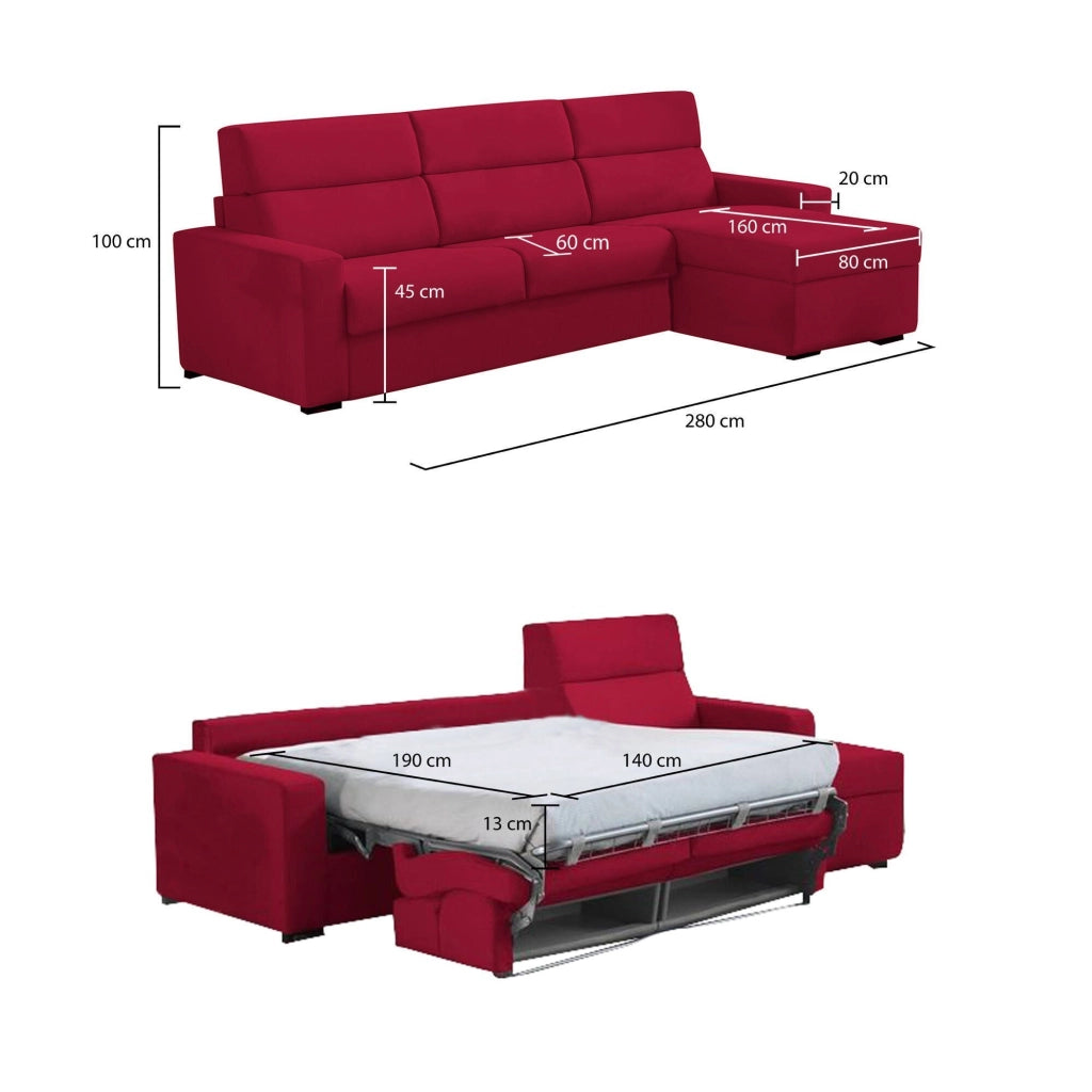 Pusiano, Divano Letto con Penisola Sfoderabile Made in Italy, 280x160 cm Rosso