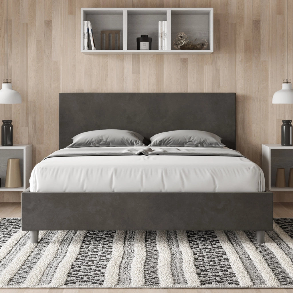 BS COM Letto queen size con rete imbottito 150x190 microfibra grigio