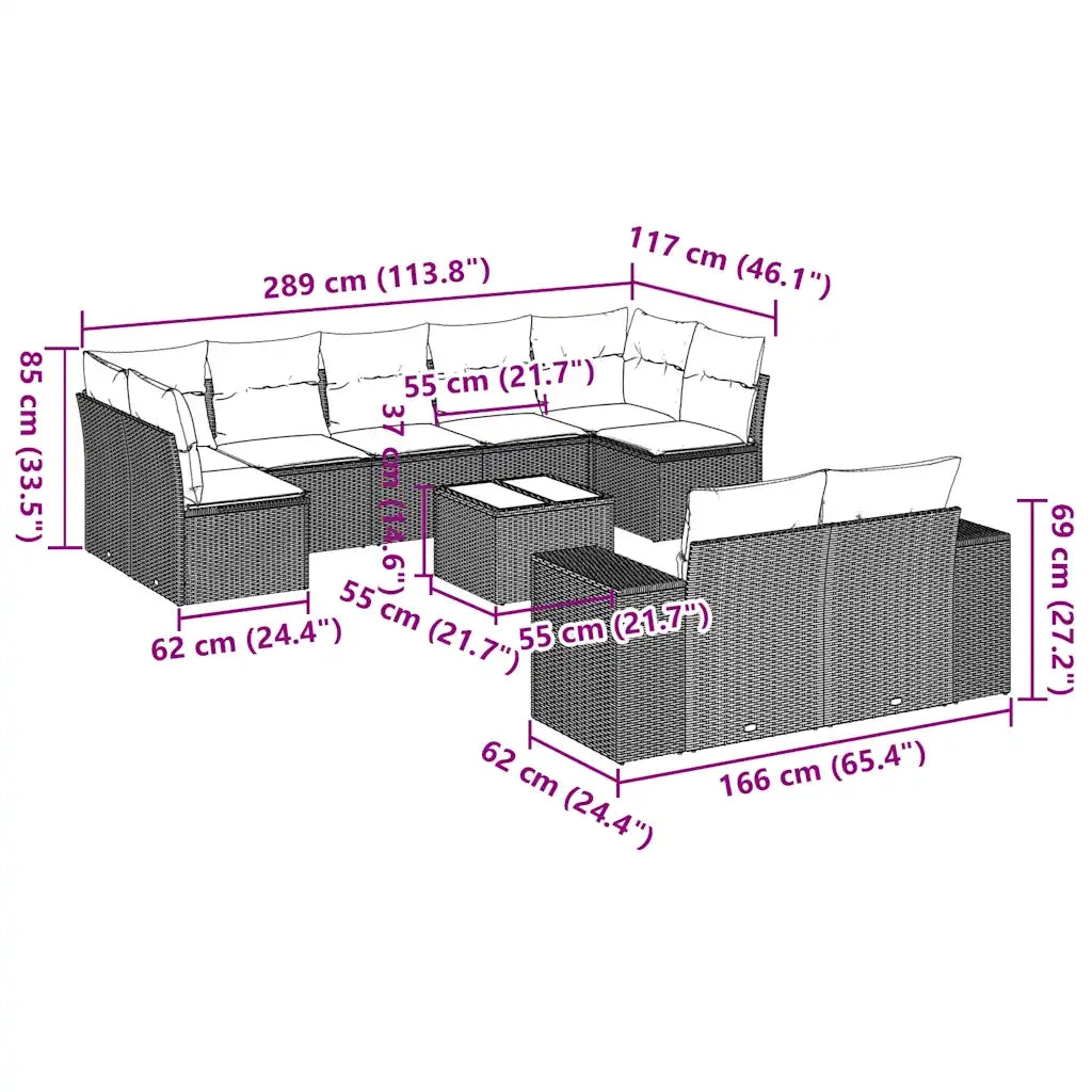 Set Divano Giardino 10 pz con Cuscini Grigio Chiaro Polyrattan 3223031