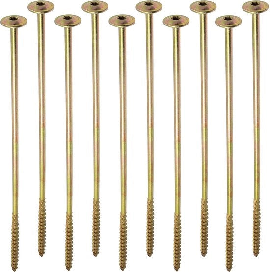 Set di 10 viti in acciaio zincato Ø8x300mm con testa curva ampia e stella - per carpenteria di multiplex, pannelli di spuma e piastrelle di melamina