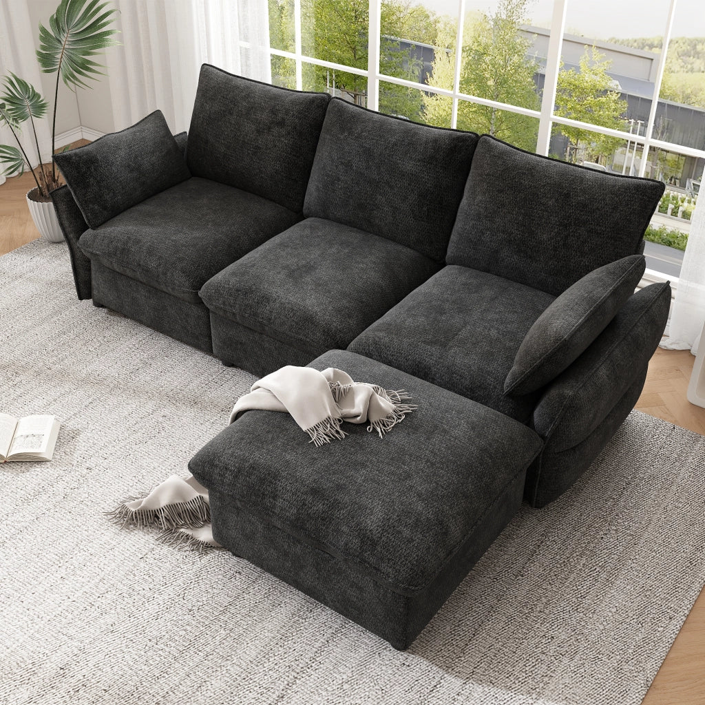DIVANO ANGOLARE L 222,5x154,5x76,5 cm Chenille Grigio Scuro con pouf e 2 cuscini