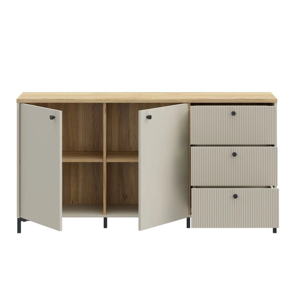 Madia Unit Cashmere con 2 Ante, 3 Cassetti Cannettati e Top Rovere
