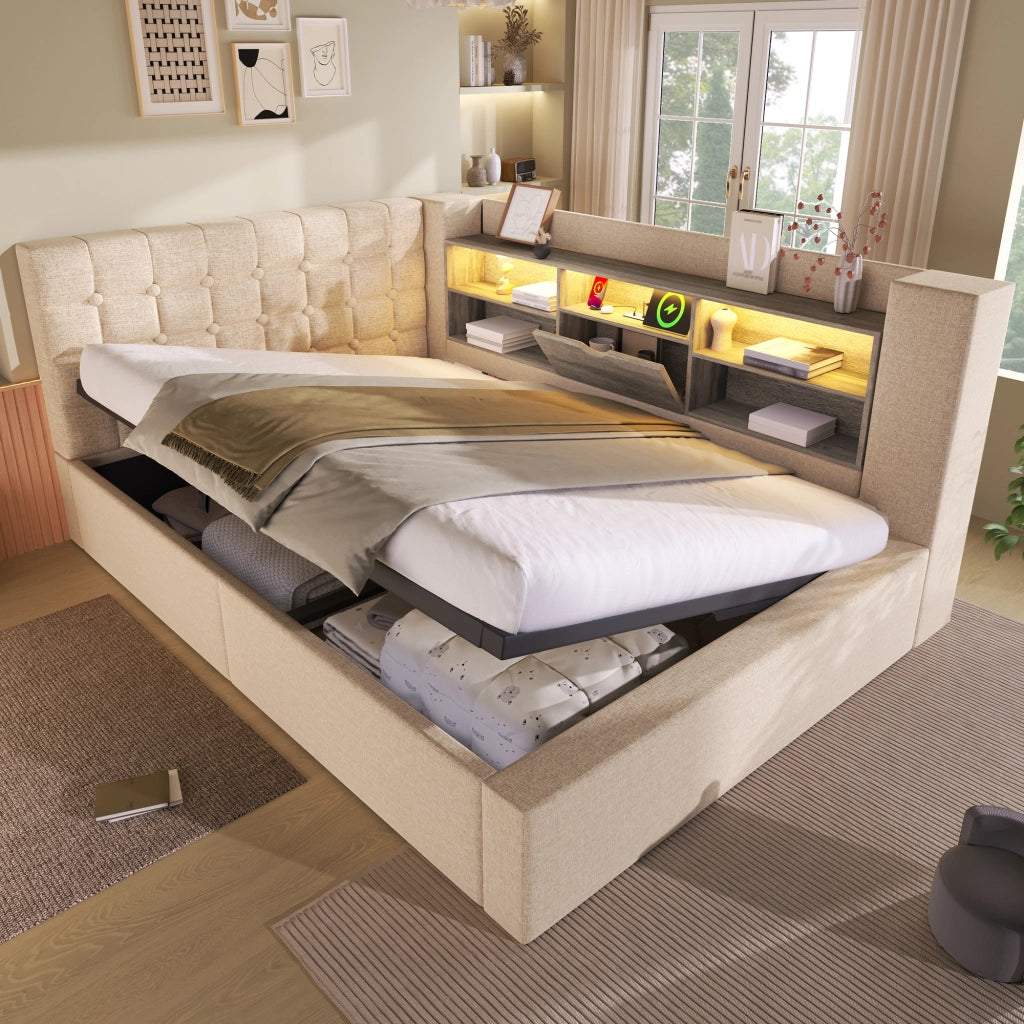 LETTO 140x200 cm con LED, USB e contenitore idraulico, Lino Beige