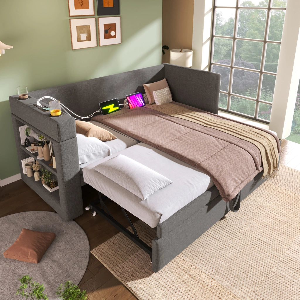 LETTO Divano 90x190 cm con letto estraibile USB Type-C tessuto grigio