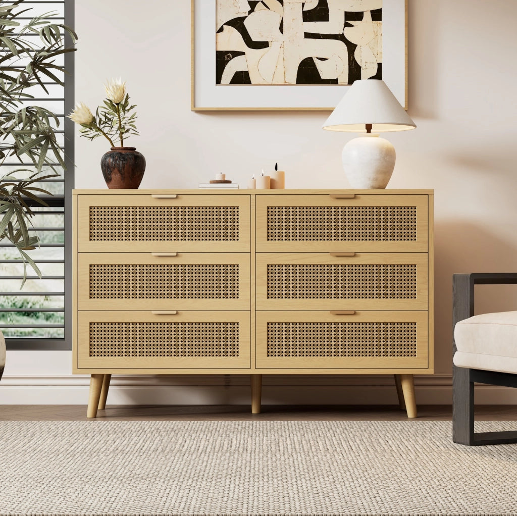 Cassettiera vintage con 6 cassetti 120x40x76;5 cm in truciolare effetto rovere