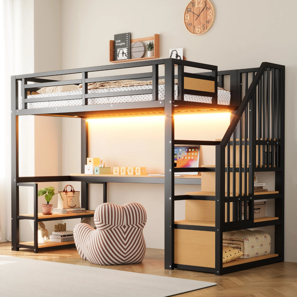 LETTO a soppalco 90x200 cm con scrivania e scaffali Metallo Nero