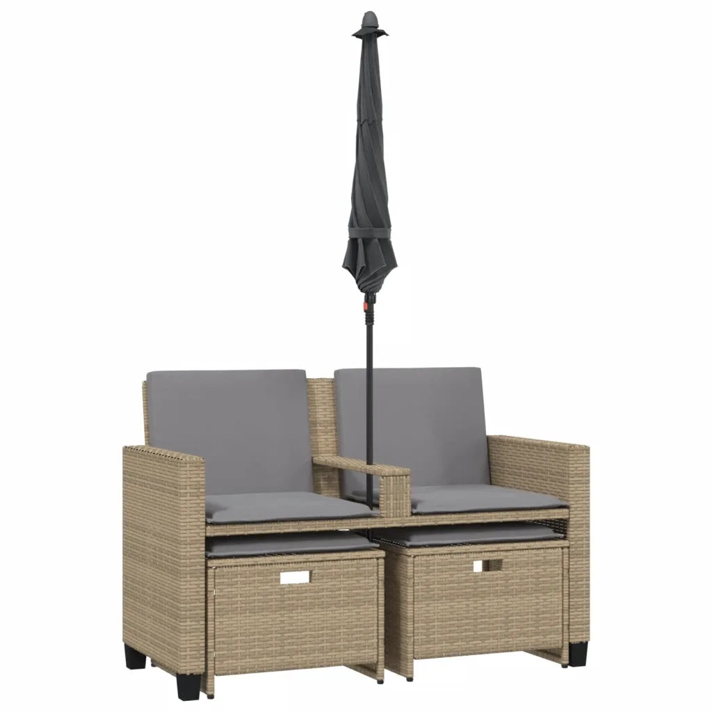 Divano Giardino 2Posti Ombrellone e Sgabelli Beige Polyrattan 365887
