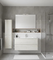 Mobile Bagno LOKI Già Montato 2 cassetti con piedini, lavabo e specchio Bianco nordico 90x45 cm con colonna