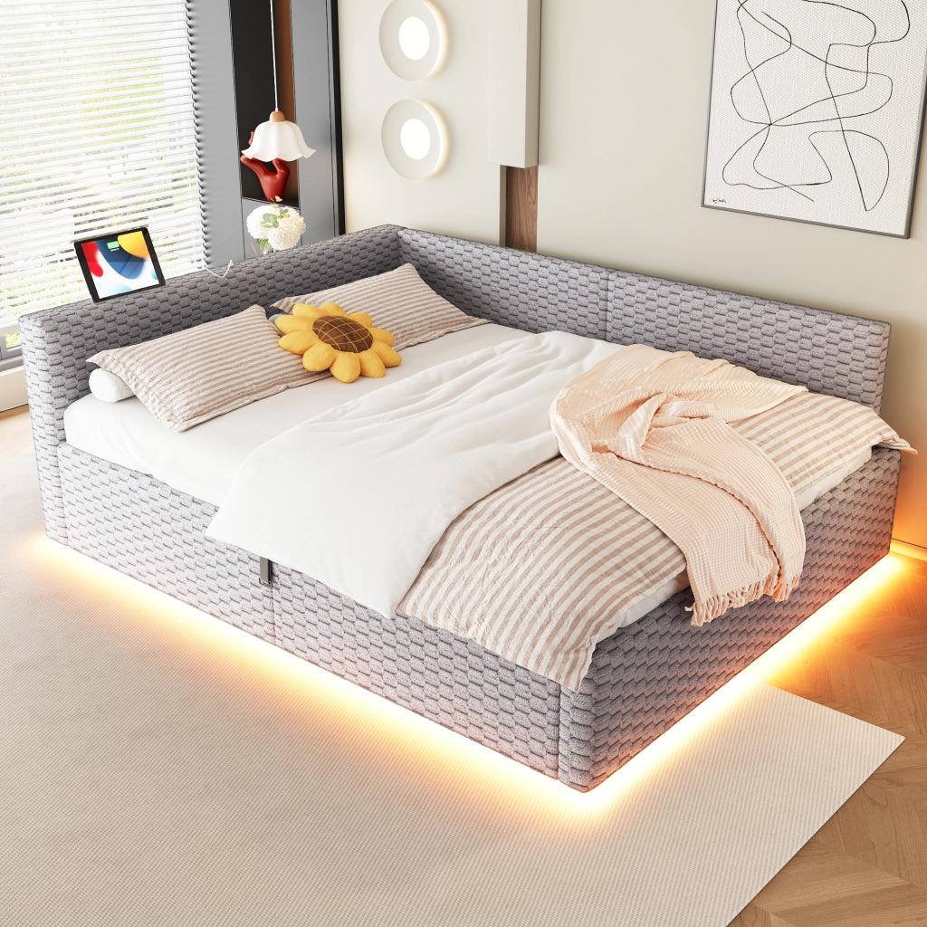 LETTO Contenitore 140x200 cm in velluto grigio con LED e porte USB