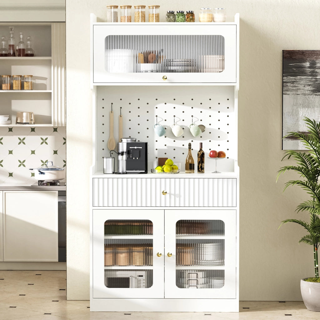 Credenza con cassetto e ripiani regolabili in MDF e pannello truciolare, con LED e vetro rigato bianca 80 × 40 × 180 cm