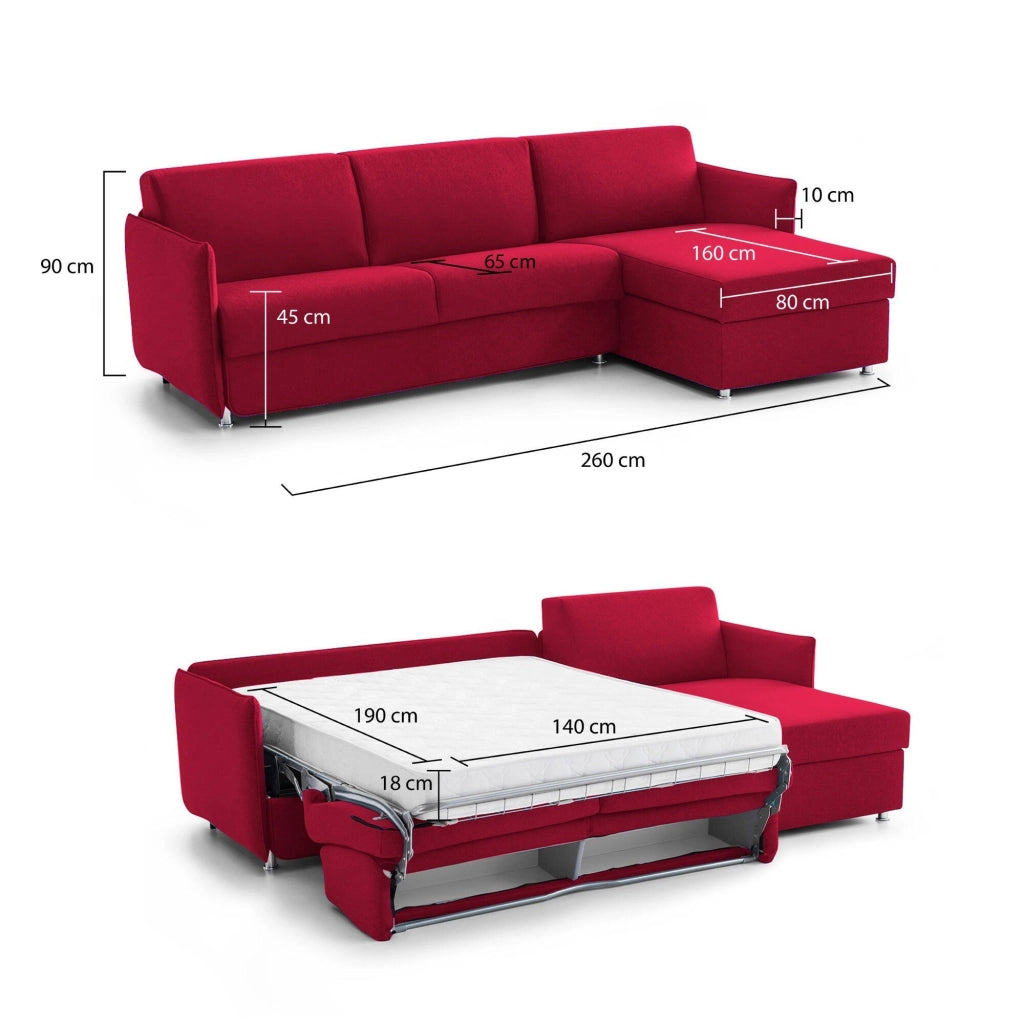 Sumirago, Divano Letto con Penisola Sfoderabile Made in Italy, 260x160 cm Rosso