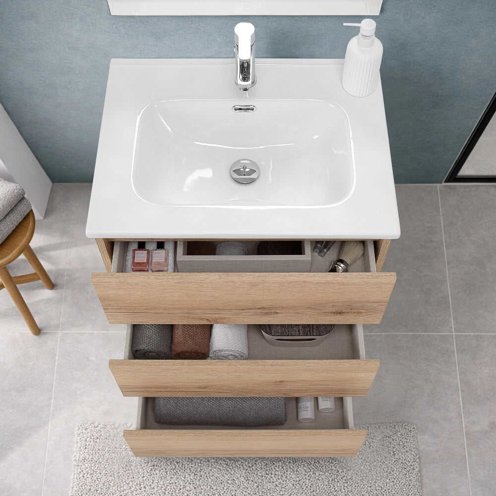Mobile bagno a terra 60 cm in quercia naturale con lavabo e specchio Leda
