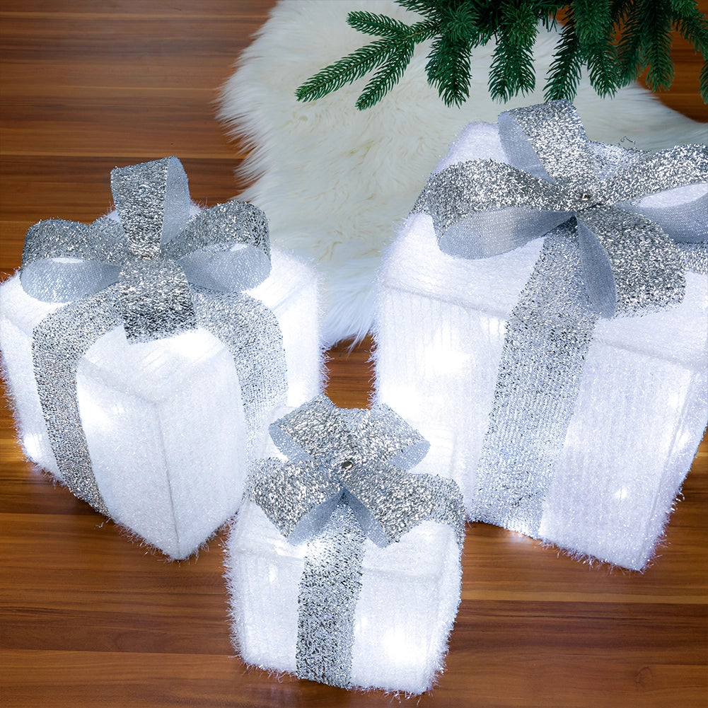 Set 3 Pacchetti Pacchi Regalo Luminosi Natale Bianco e Argento Interni e Esterni