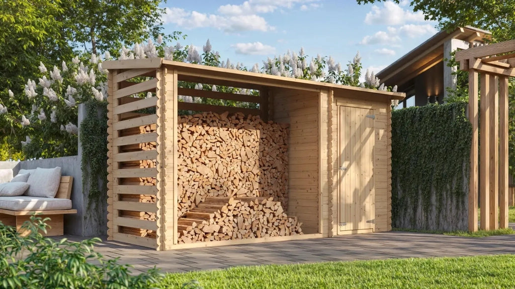 Casetta da Giardino in Legno per Esterni con legnaia- A199x348x146 cm - 2,54 m2+1,1 m2 - TIMBELA M205