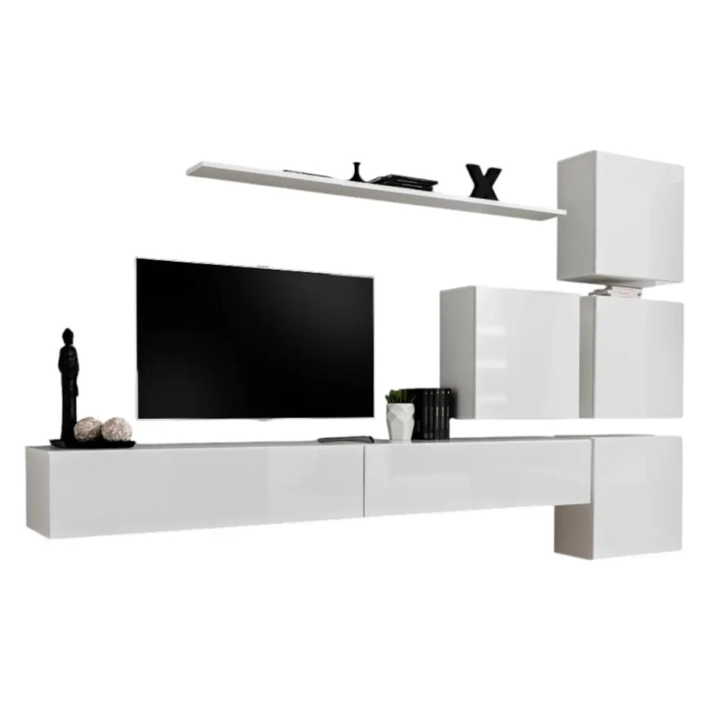 Set di mobili da salotto murali SWITCH IX design, colore bianco lucido.