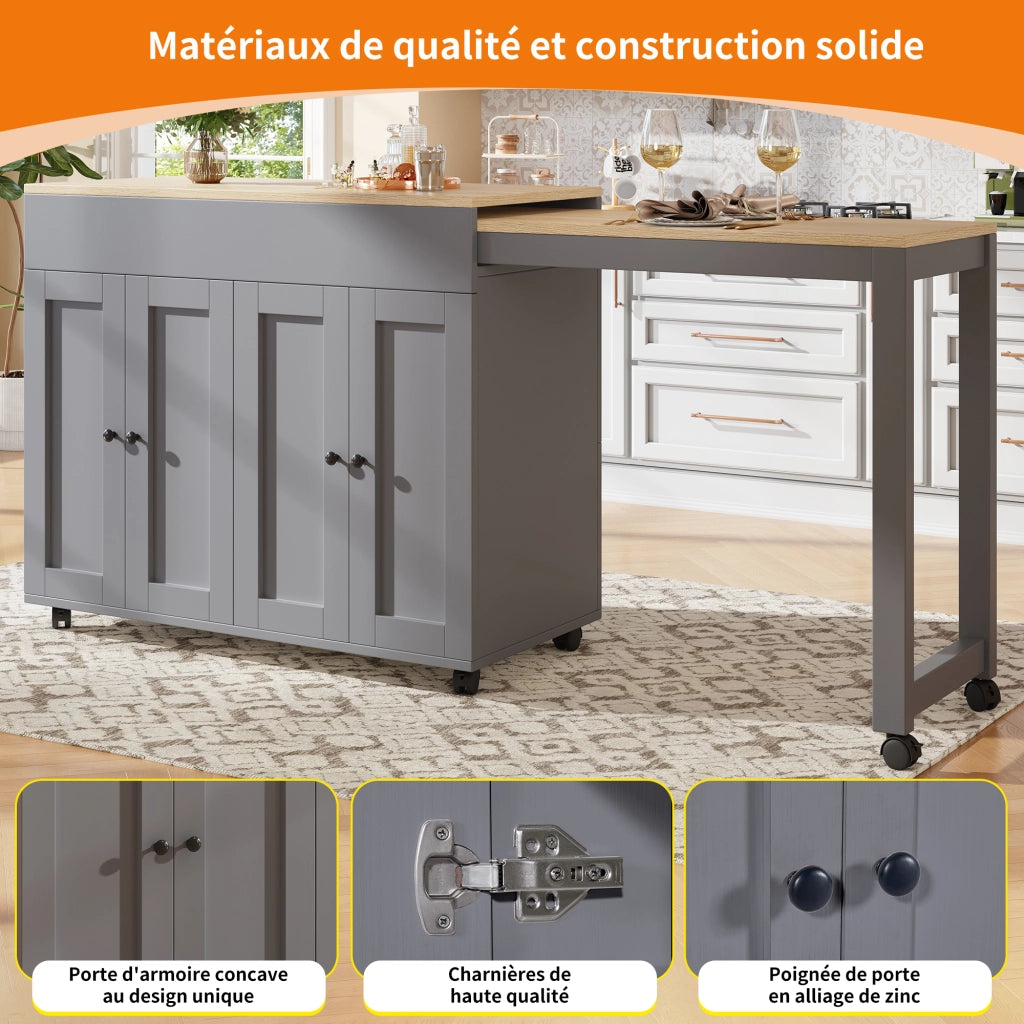 Tavolo allungabile con 6 vani contenitore in MDF grigio per cucina e sala da pranzo 118 × 50 × 94 cm