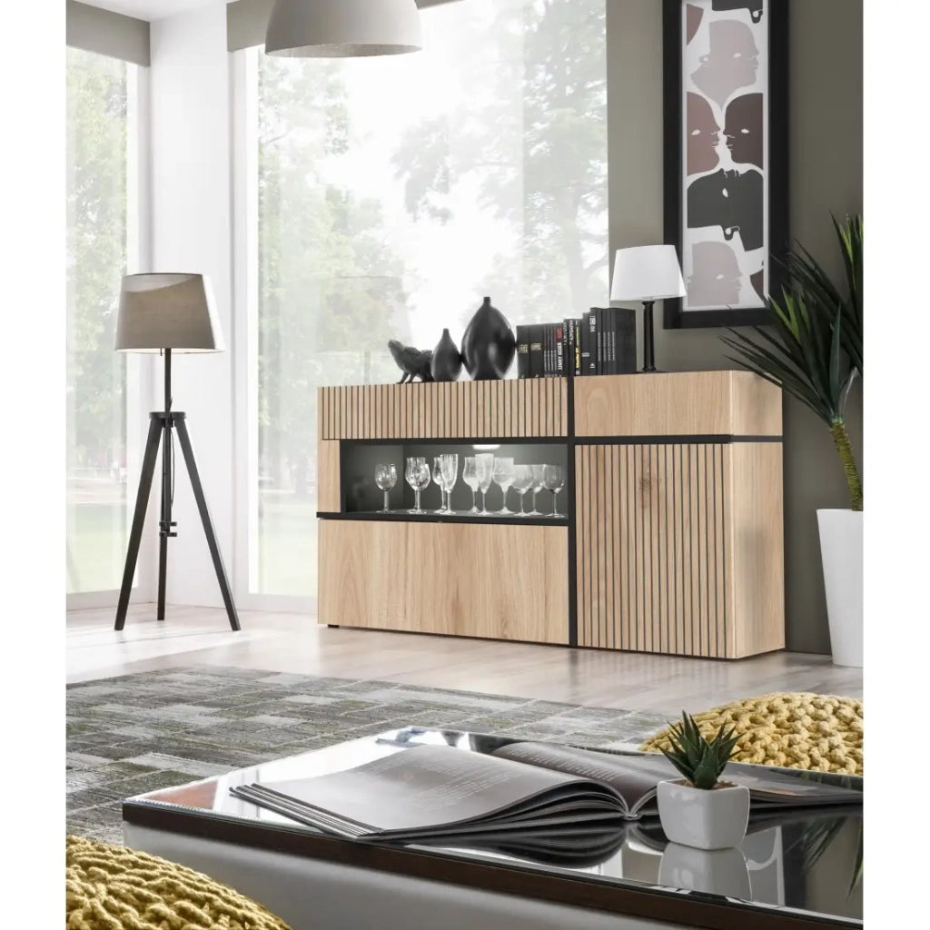 Buffet CRISS – 2 ante, 2 cassetti, LED – Rovere chiaro e nero