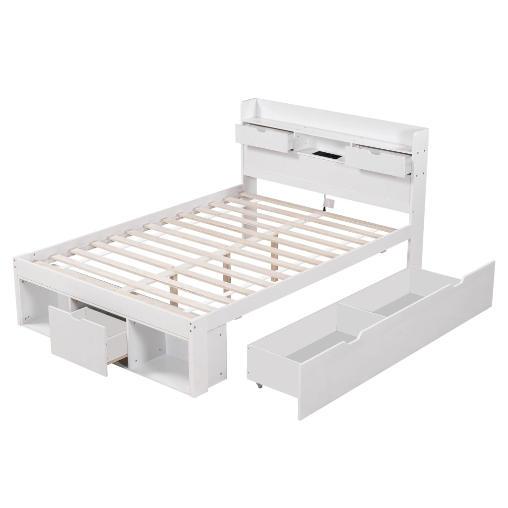 Letto doppio - Zephmum - 140x190cm - Bianco - USB, cassetti, armadio