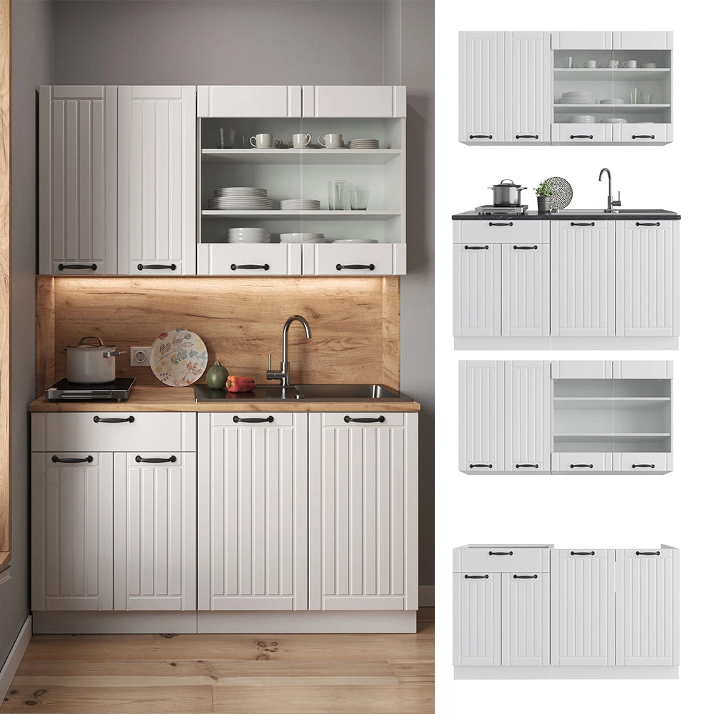 Cucina completa Fame-Line Bianco rustico/Bianco 140 cm, PL Marmo Vicco
