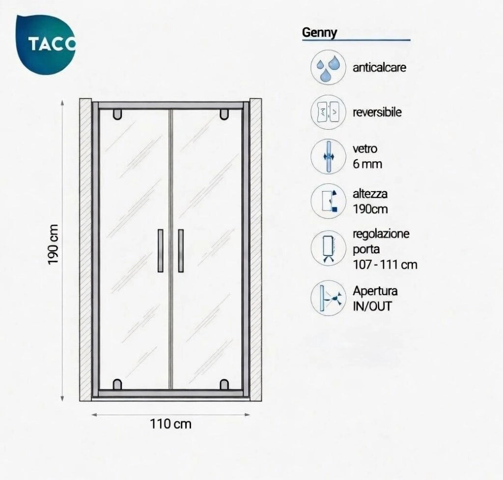 Box doccia nicchia 110 cm porta due battenti H190 cm GENNY - Cromato Lucido