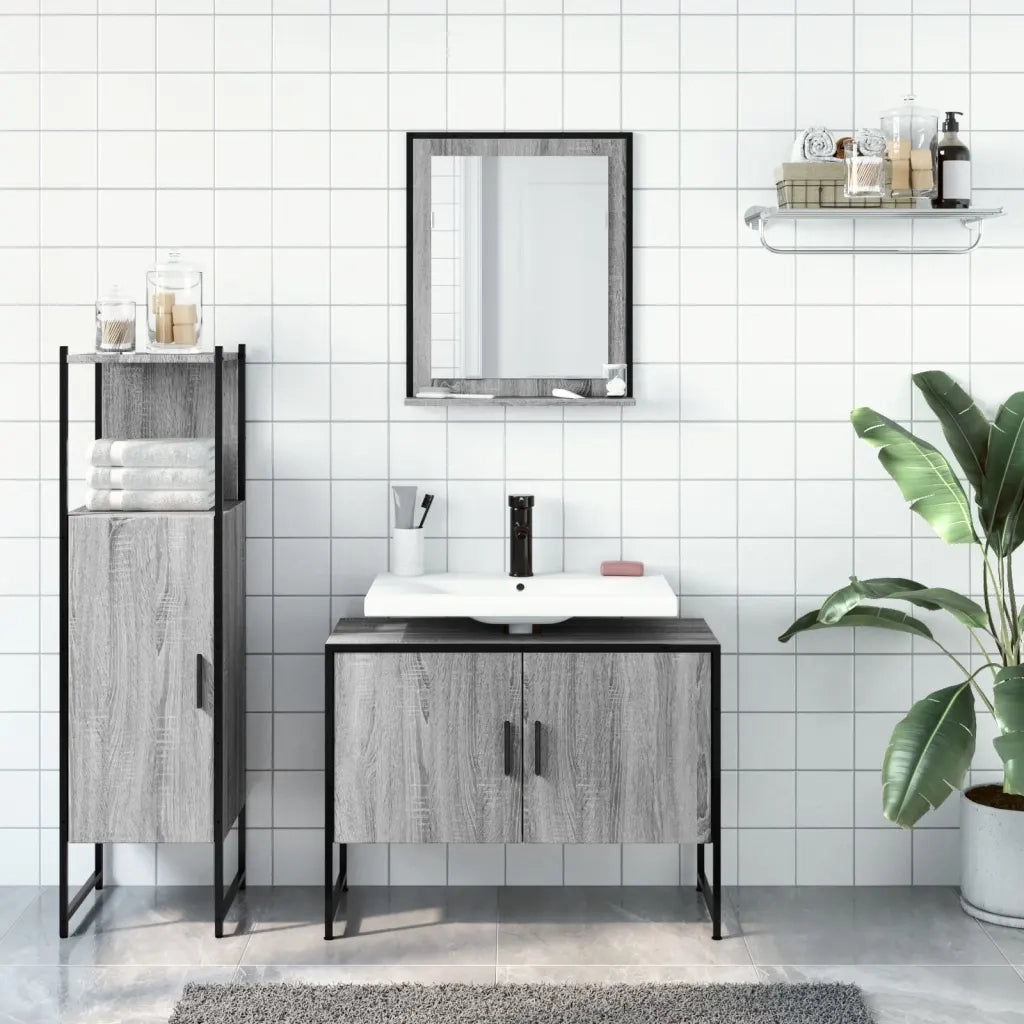 Set Mobili da Bagno | Armadio da bagno 3 pz Grigio Sonoma in Legno Multistrato