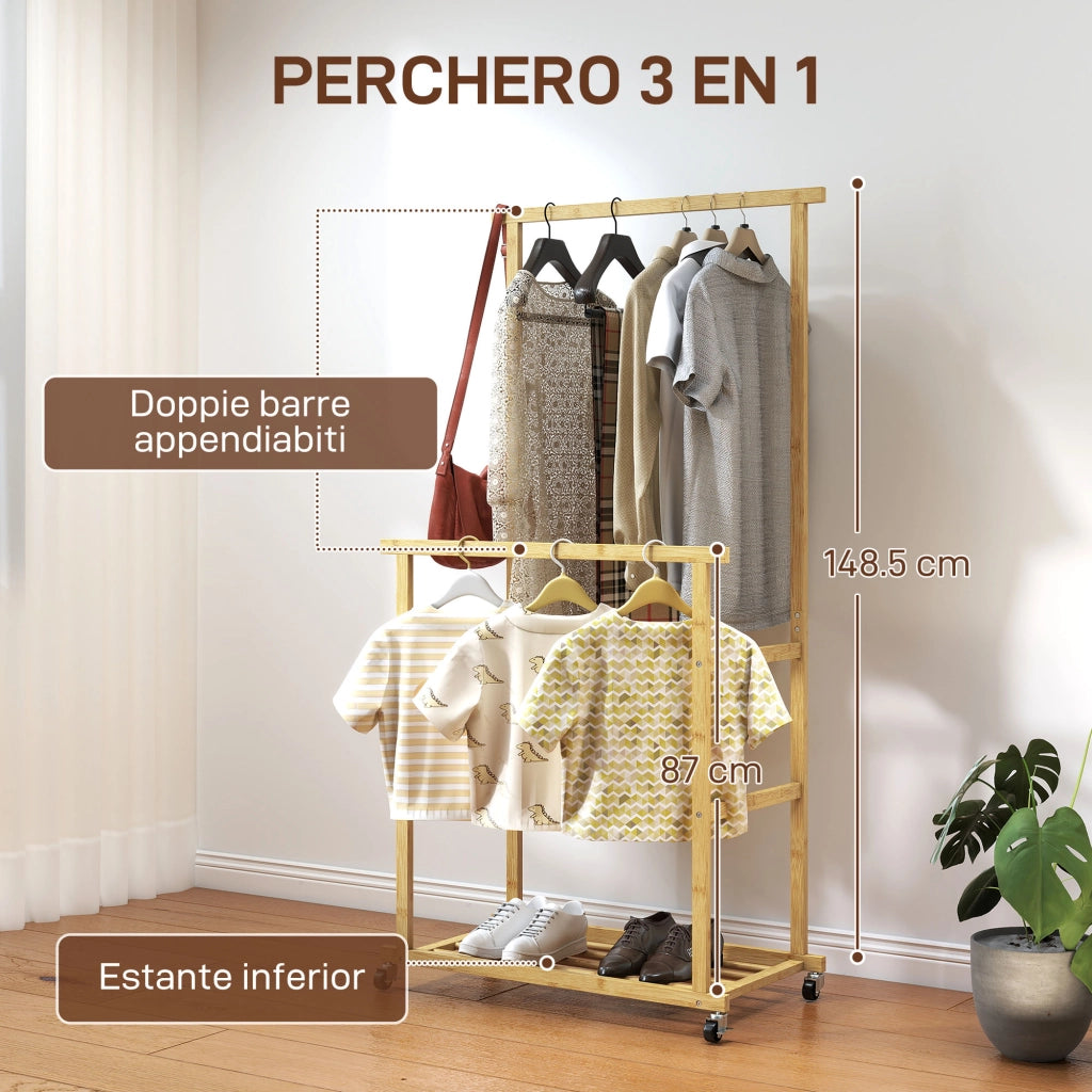 Appendiabiti con ruote e scarpiera in bamb¨´ ¨C zephmum ¨C 80x40x160 cm