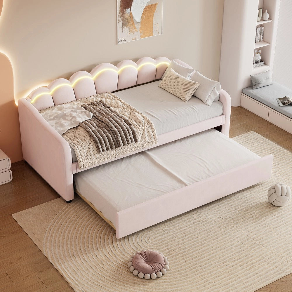 Letto Singolo Imbottito con LED ¨C MINIMAL ¨C Velluto Rosa 90x200