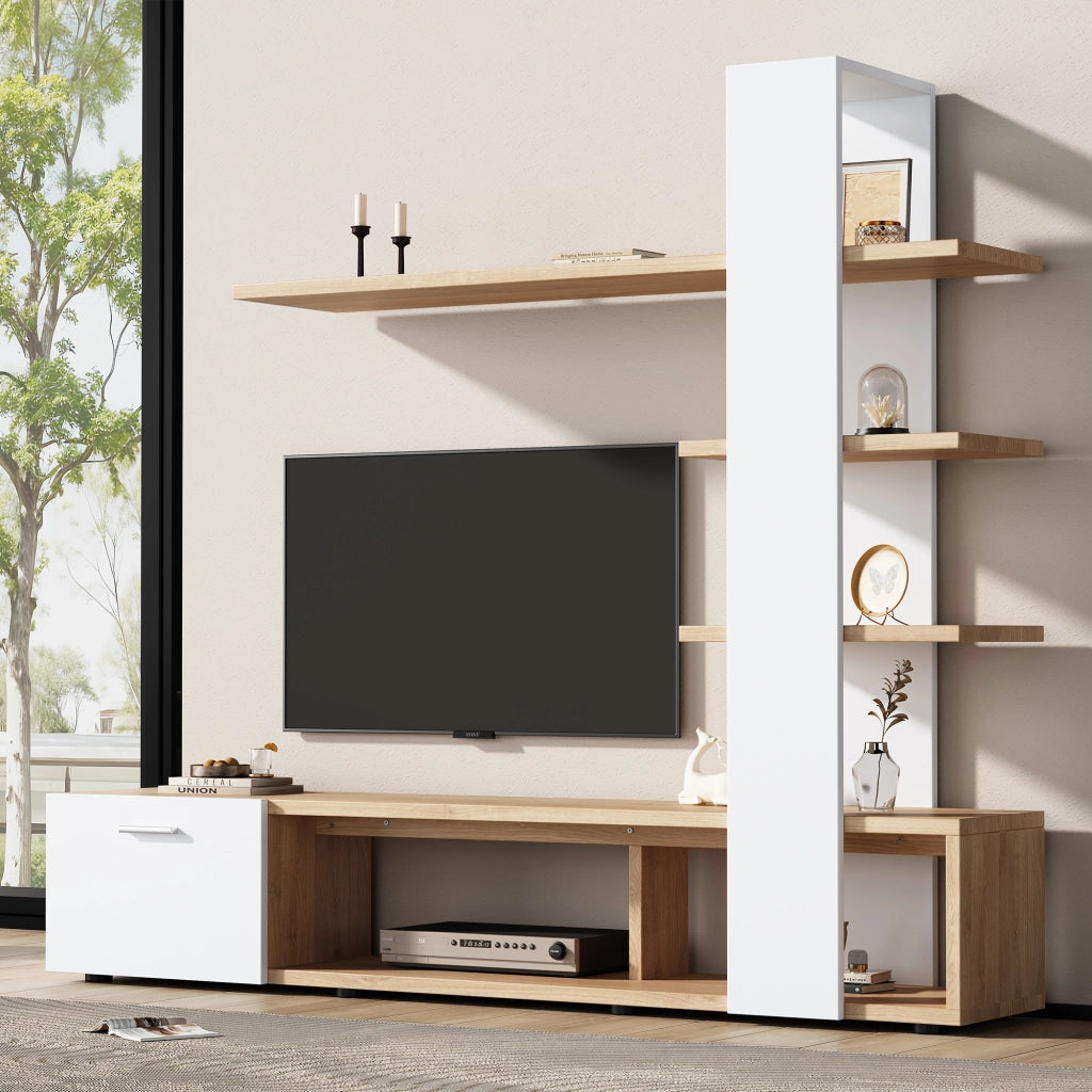 Cassettiera per TV bianca e legno; truciolato; lunghezza 180 cm