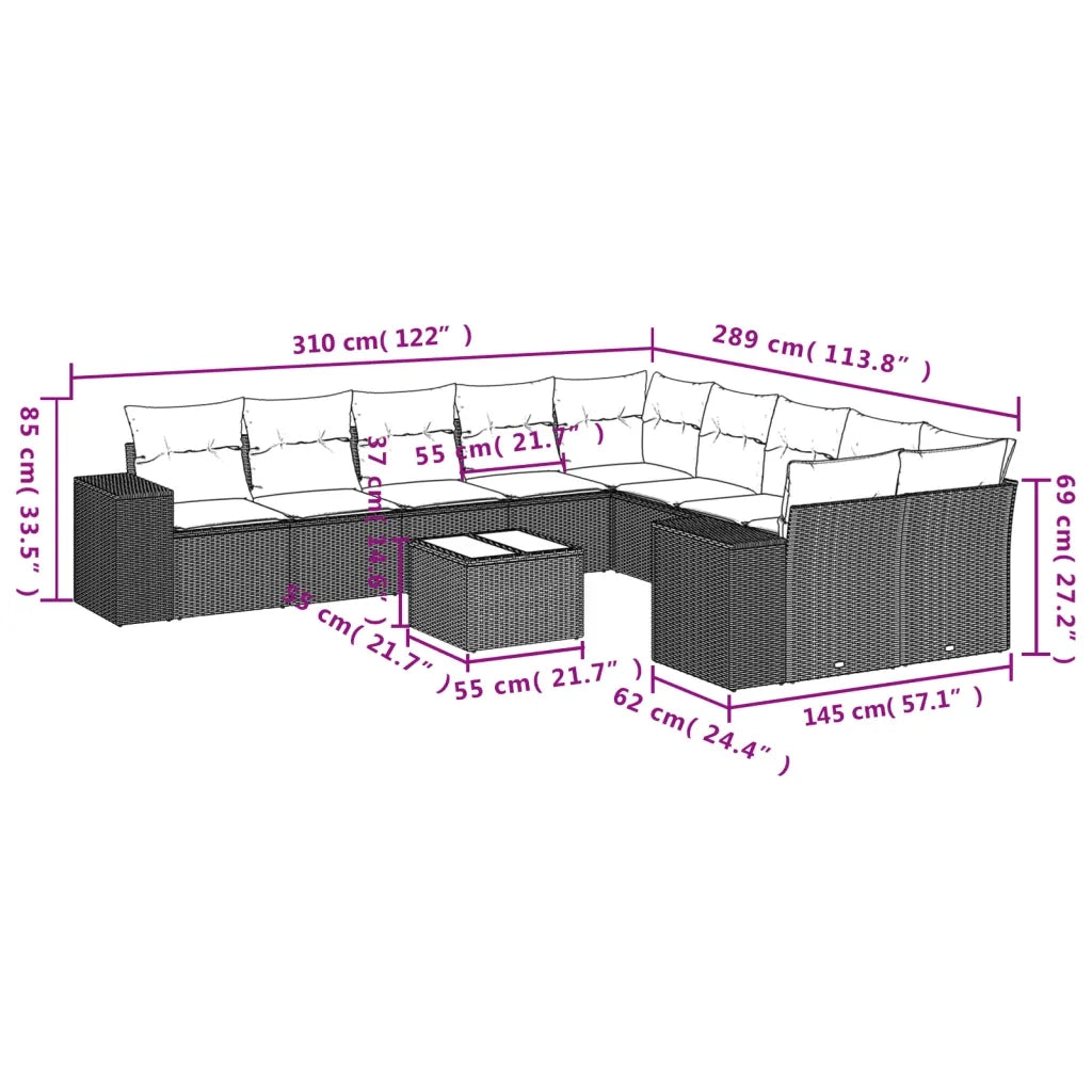 Set Divani da Giardino 11 pz con Cuscini Beige in Polyrattan