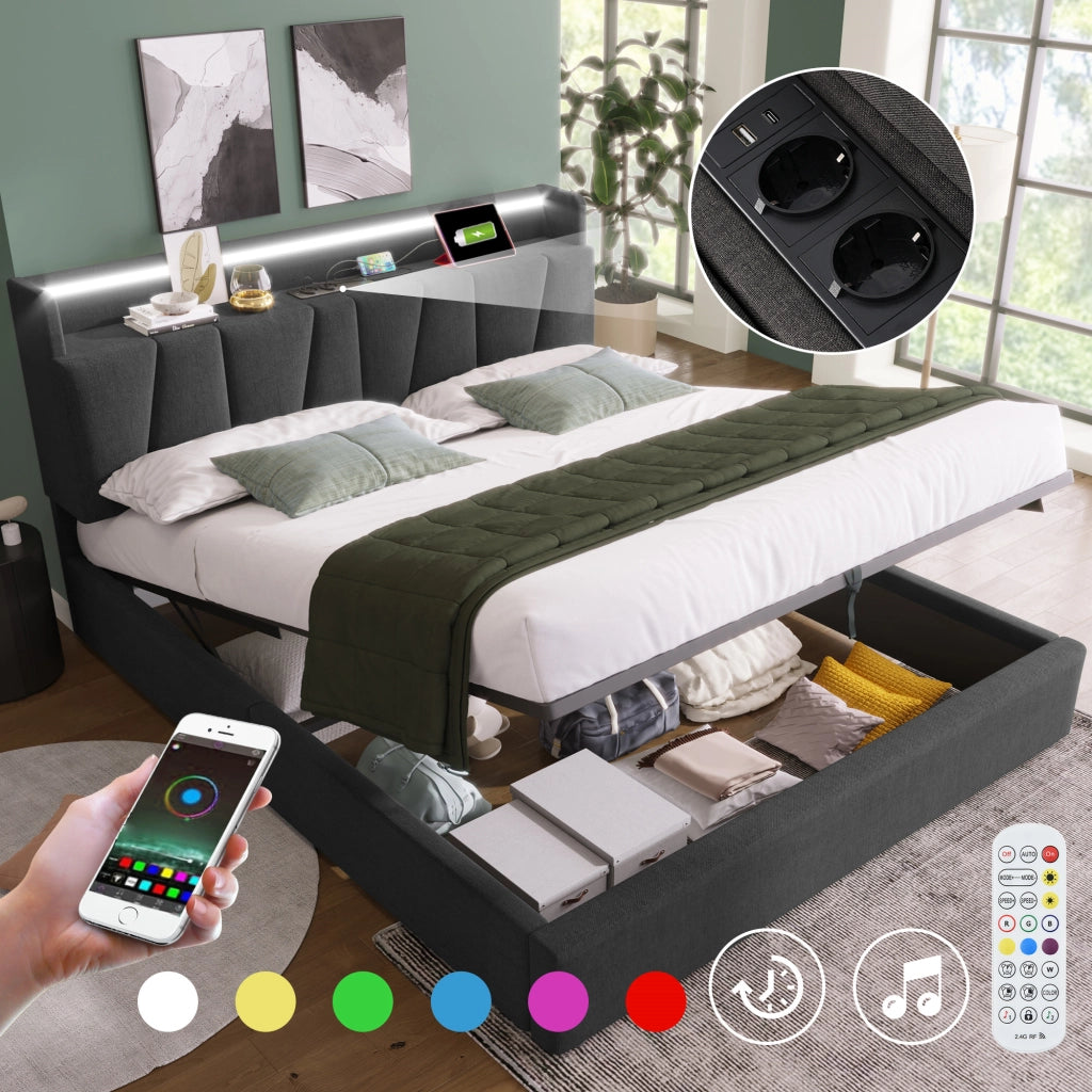 LETTO Contenitore 140x200 cm Grigio in Lino con testiera USB e LED
