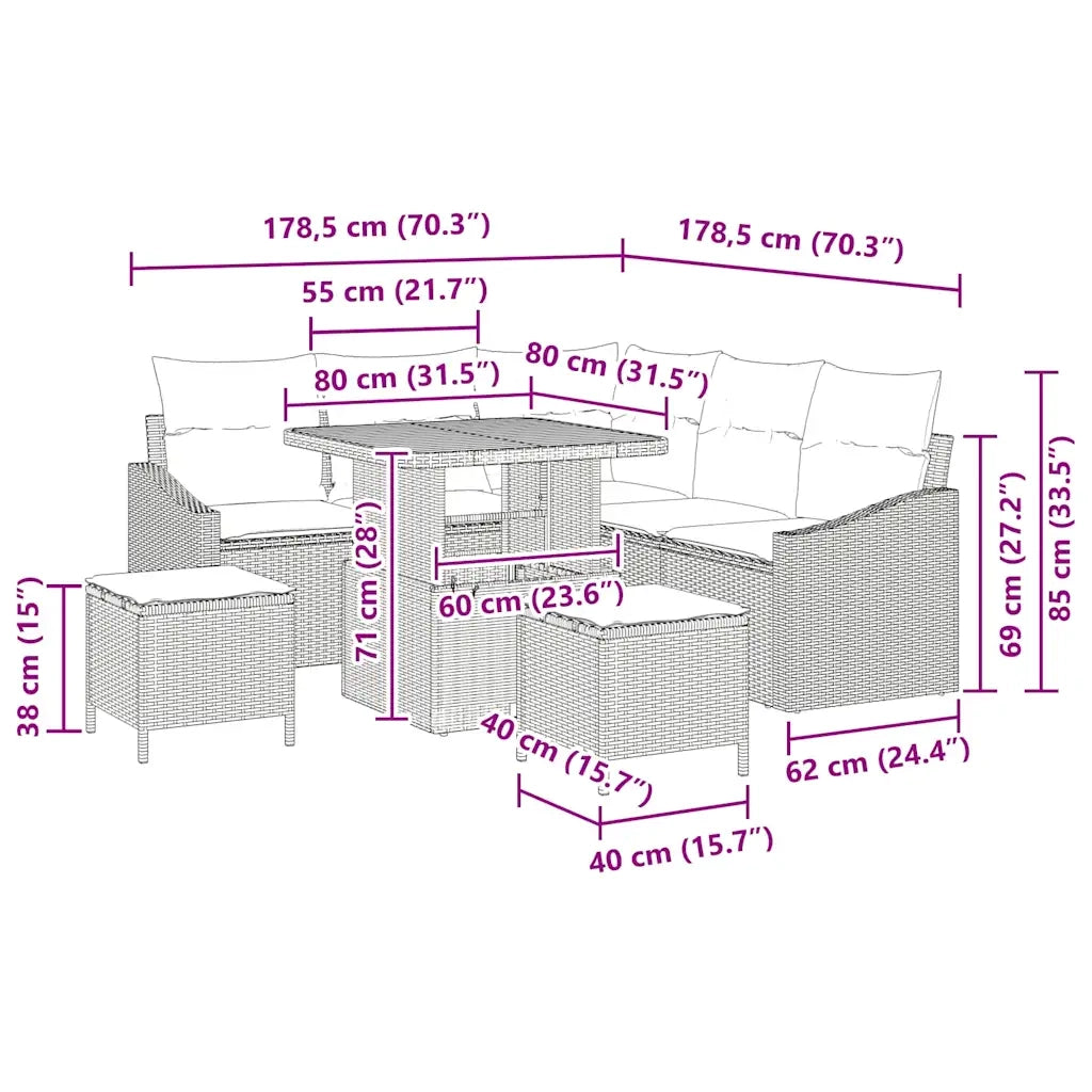 Set Divano da Giardino con cuscino 8 pcs Grigio Poly Rattan 3364603