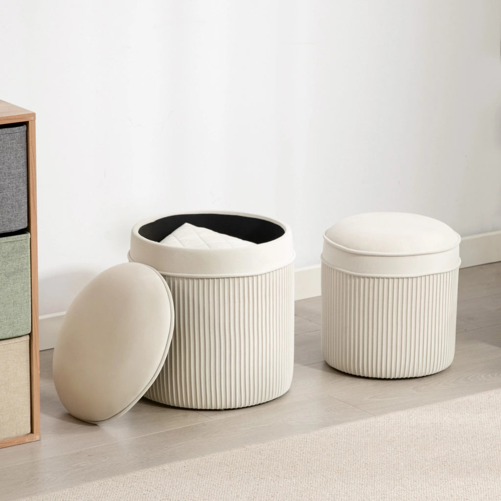 Pouf di stoccaggio in velluto ¨C Minimal ¨C 2 pezzi crema ?36 e ?32 cm