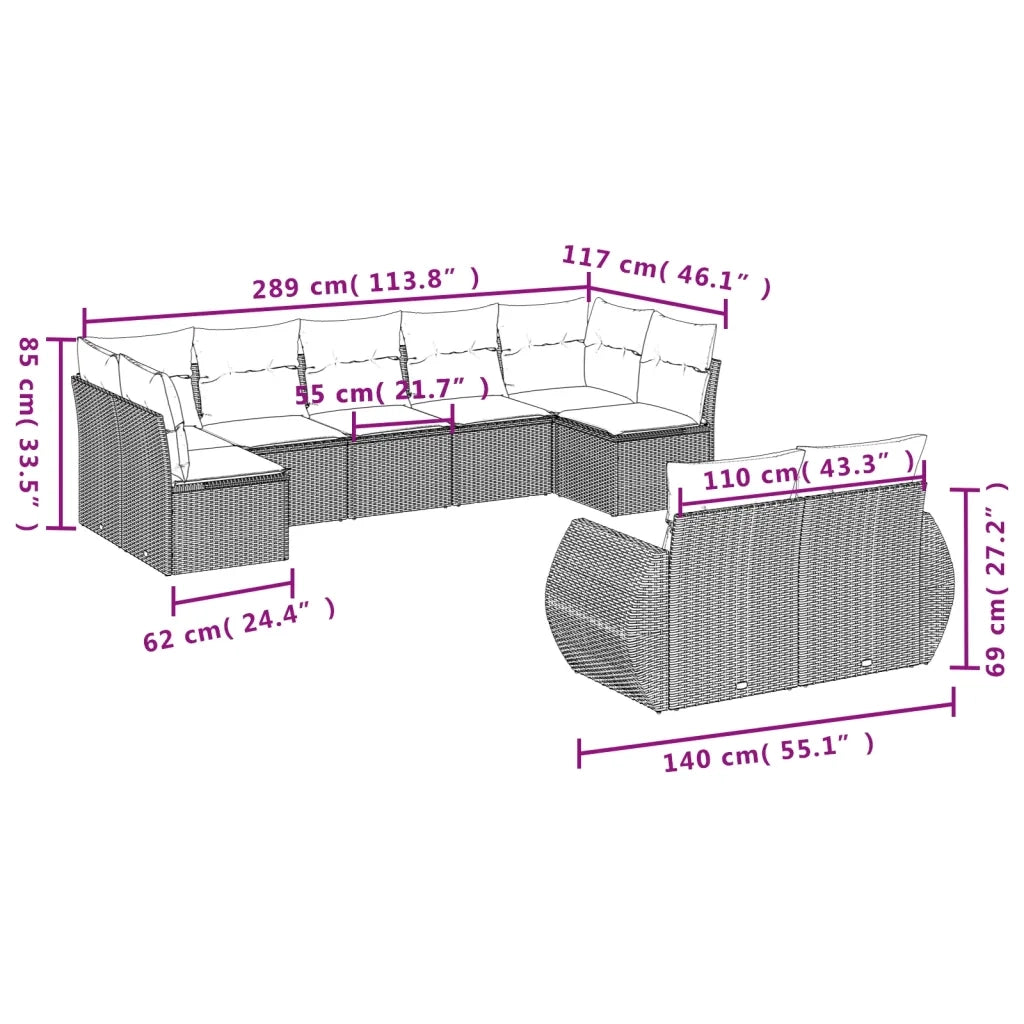 Set Divano da Giardino 9pz con Cuscini Grigio Chiaro Polyrattan 3221821