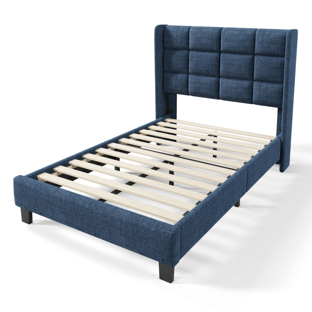 LETTO Imbottito 90x200 cm in lino blu con rete a doghe