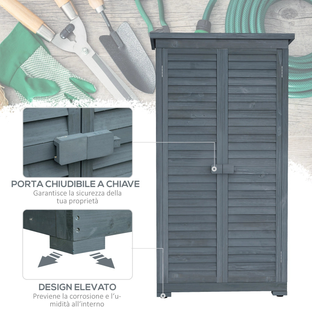 Armadio da Esterno in Legno con 2 Porte a Persiana e Ripiani Interni, 87x46.5x160 cm, Grigio